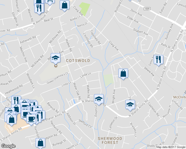 map of restaurants, bars, coffee shops, grocery stores, and more near 1107 Halesworth Drive in Charlotte