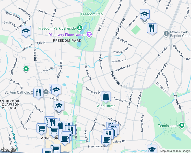 map of restaurants, bars, coffee shops, grocery stores, and more near in Charlotte