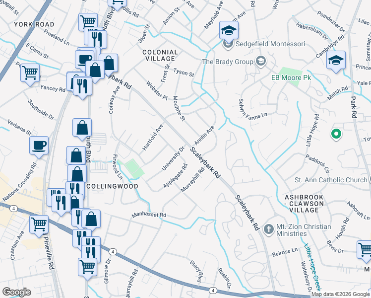 map of restaurants, bars, coffee shops, grocery stores, and more near 4301 Applegate Road in Charlotte