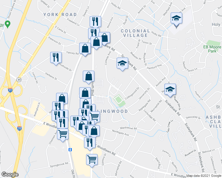 map of restaurants, bars, coffee shops, grocery stores, and more near 4135 Firwood Lane in Charlotte