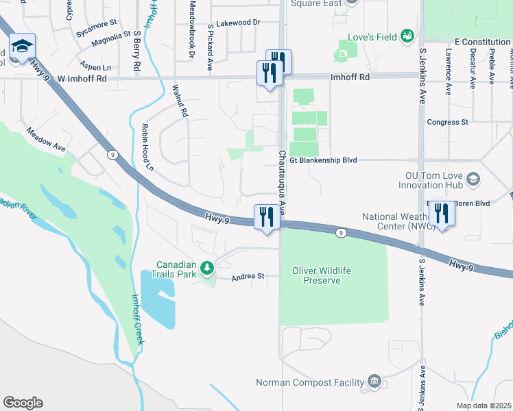 map of restaurants, bars, coffee shops, grocery stores, and more near 863 Oklahoma 9 in Norman