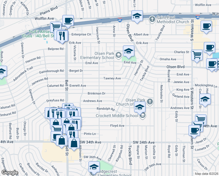 map of restaurants, bars, coffee shops, grocery stores, and more near 5306 Brinkman Drive in Amarillo