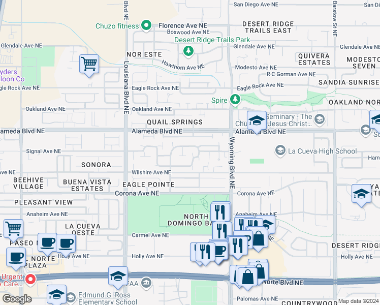 map of restaurants, bars, coffee shops, grocery stores, and more near 8639 Bluff Springs Drive Northeast in Albuquerque