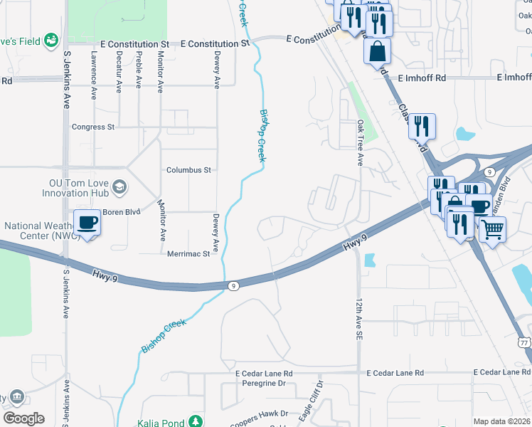 map of restaurants, bars, coffee shops, grocery stores, and more near 834 Cardinal Creek Boulevard in Norman