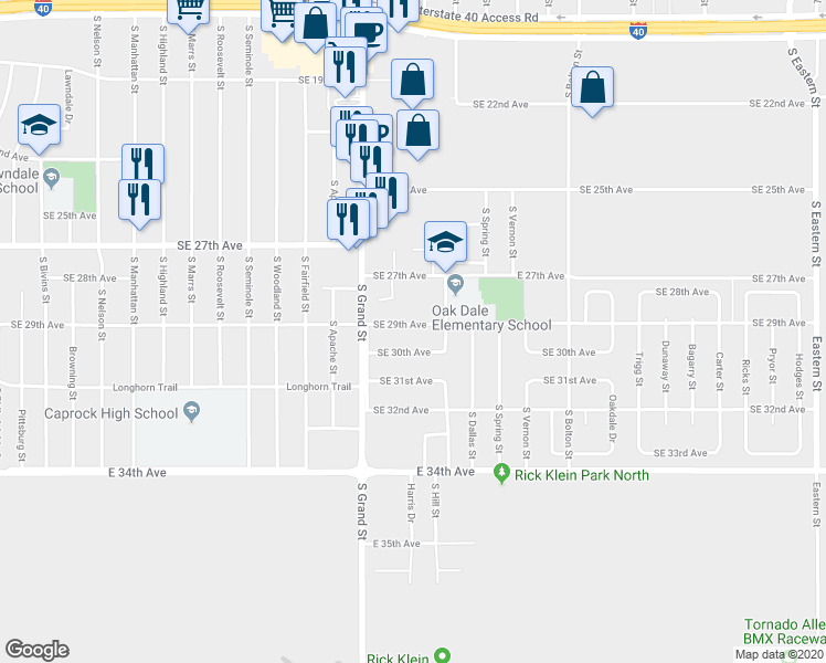 map of restaurants, bars, coffee shops, grocery stores, and more near 3616 Southeast 29th Avenue in Amarillo