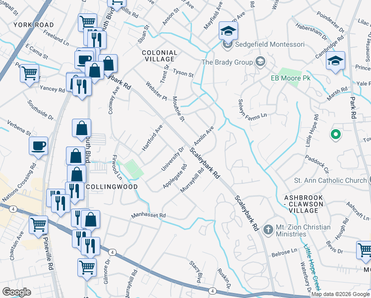 map of restaurants, bars, coffee shops, grocery stores, and more near 4301 Applegate Road in Charlotte