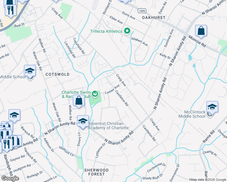 map of restaurants, bars, coffee shops, grocery stores, and more near in Charlotte