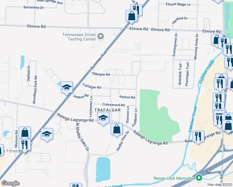 map of restaurants, bars, coffee shops, grocery stores, and more near 6381 Ashton Road in Memphis