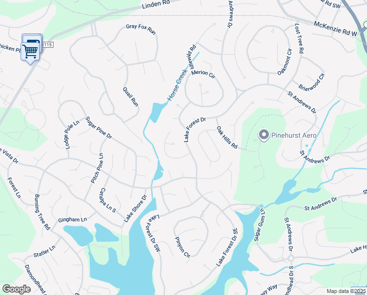 map of restaurants, bars, coffee shops, grocery stores, and more near 275 Lake Forest Drive in Pinehurst