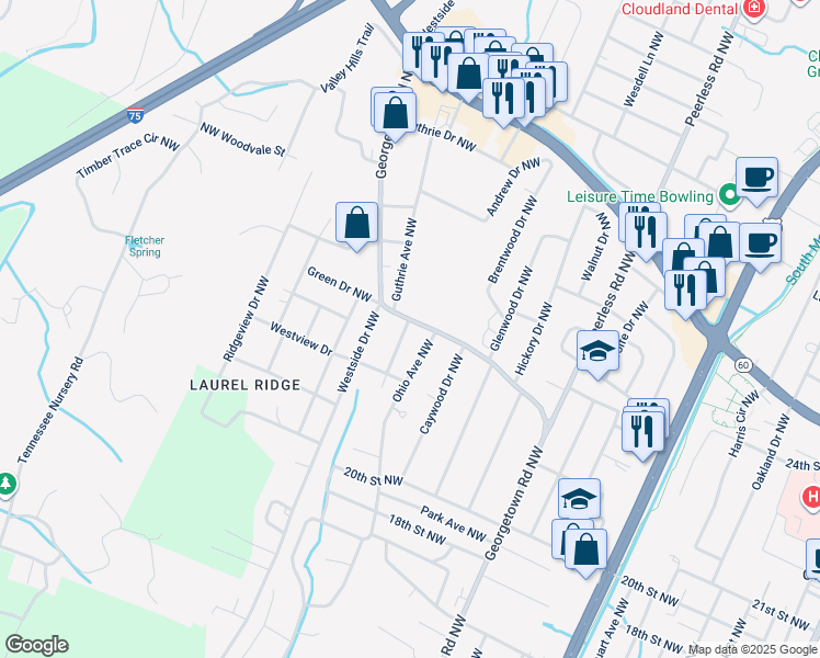 map of restaurants, bars, coffee shops, grocery stores, and more near 2305 Georgetown Rd NW in Cleveland