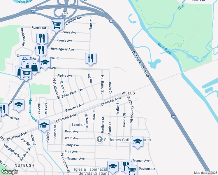 map of restaurants, bars, coffee shops, grocery stores, and more near 1856 Hartland Street in Memphis