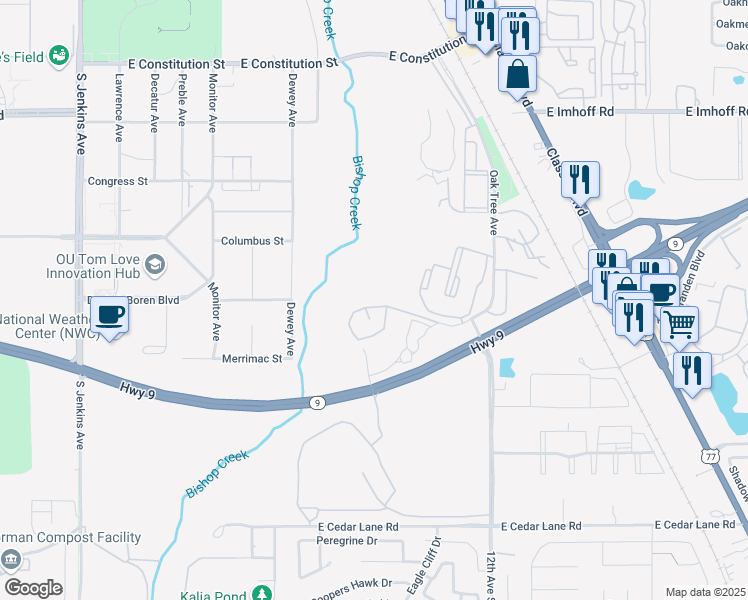 map of restaurants, bars, coffee shops, grocery stores, and more near 832 Red Bird Lane in Norman