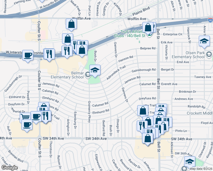 map of restaurants, bars, coffee shops, grocery stores, and more near 6215 Gainsborough Road in Amarillo