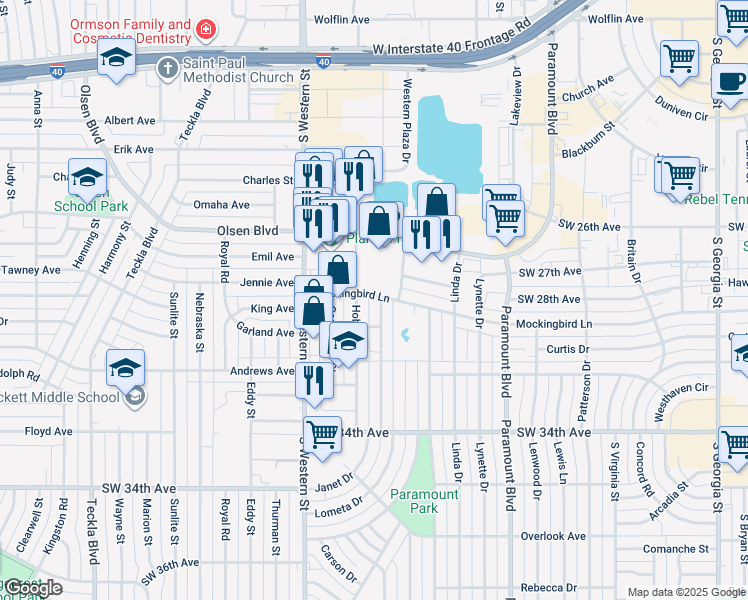 map of restaurants, bars, coffee shops, grocery stores, and more near 3115 Hobbs Road in Amarillo