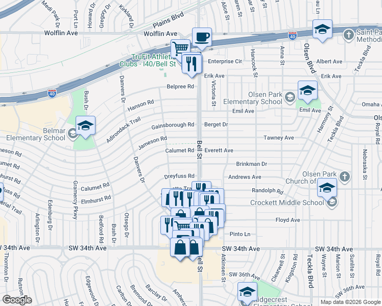 map of restaurants, bars, coffee shops, grocery stores, and more near 2900-2998 Bell Street in Amarillo