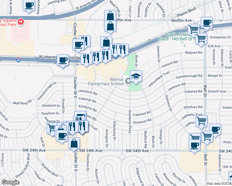 map of restaurants, bars, coffee shops, grocery stores, and more near 6713 Gainsborough Road in Amarillo