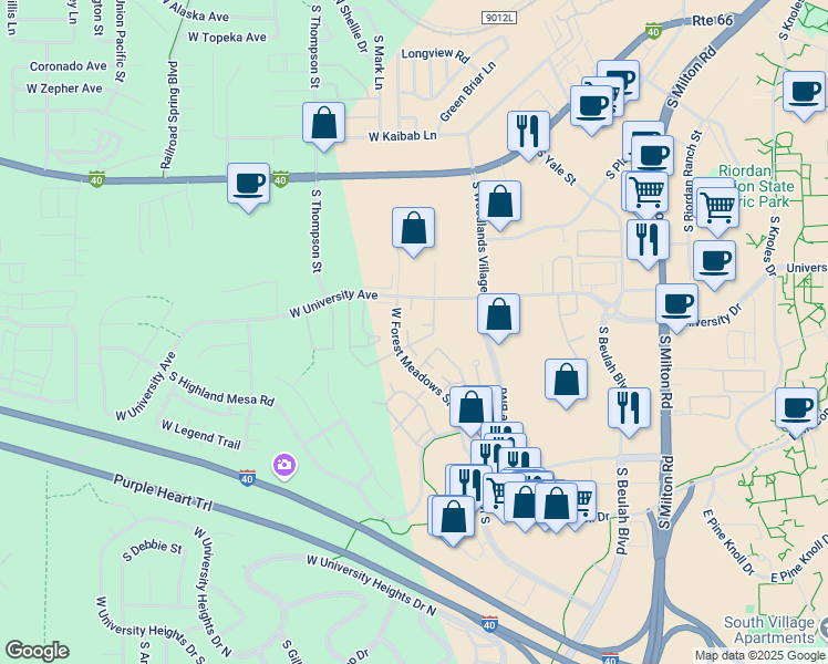 map of restaurants, bars, coffee shops, grocery stores, and more near 1185 West University Avenue in Flagstaff