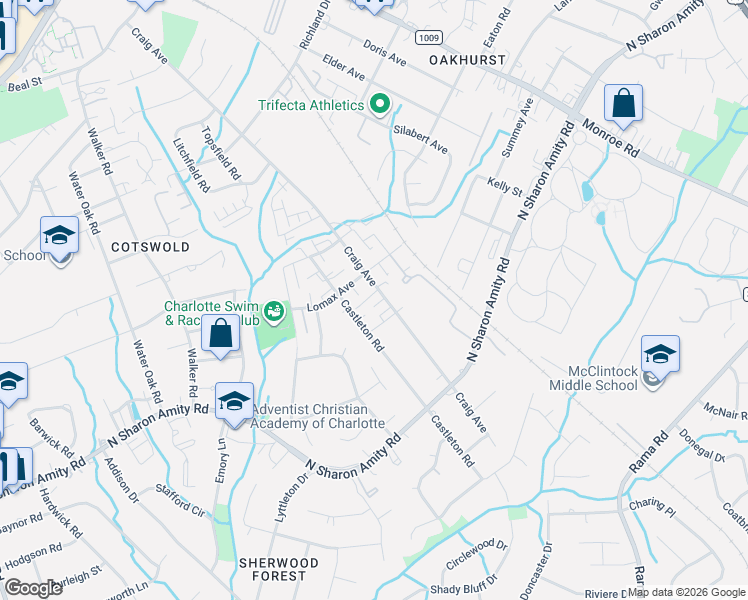 map of restaurants, bars, coffee shops, grocery stores, and more near 3538 Saker Lane in Charlotte