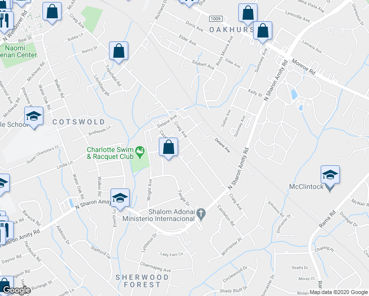 map of restaurants, bars, coffee shops, grocery stores, and more near 1409 Falcon Street in Charlotte