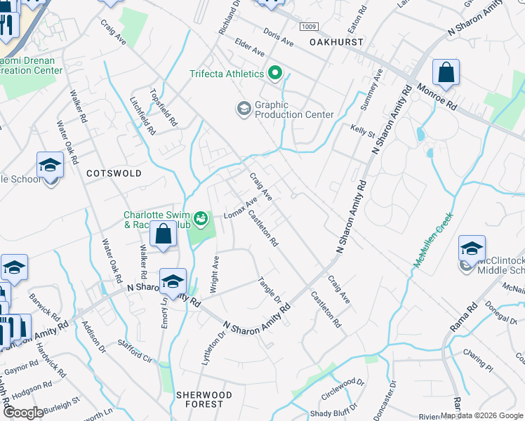 map of restaurants, bars, coffee shops, grocery stores, and more near in Charlotte