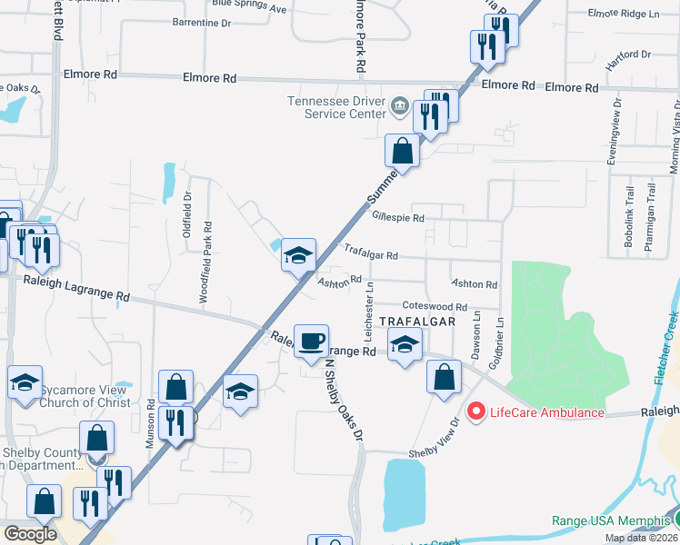 map of restaurants, bars, coffee shops, grocery stores, and more near 6217 Ashton Road in Memphis