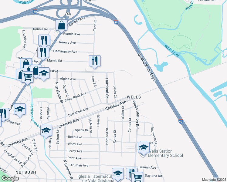map of restaurants, bars, coffee shops, grocery stores, and more near 1856 Hartland Street in Memphis