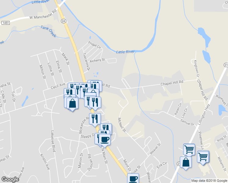 map of restaurants, bars, coffee shops, grocery stores, and more near 268 Chapel Hill Road in Spring Lake