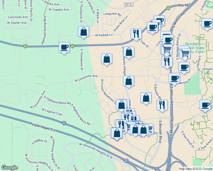 map of restaurants, bars, coffee shops, grocery stores, and more near 1185 West University Avenue in Flagstaff