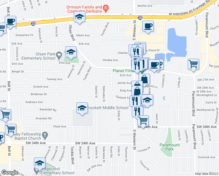 map of restaurants, bars, coffee shops, grocery stores, and more near 2704 Royal Road in Amarillo