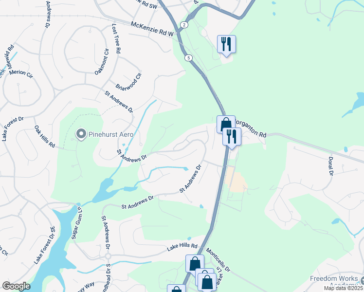 map of restaurants, bars, coffee shops, grocery stores, and more near 800 Saint Andrews Drive in Pinehurst