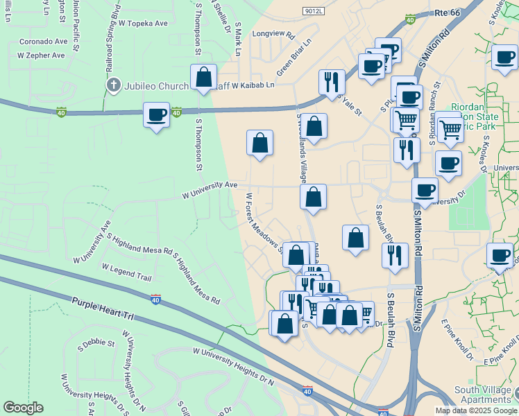 map of restaurants, bars, coffee shops, grocery stores, and more near 1185 West University Avenue in Flagstaff