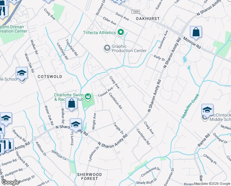 map of restaurants, bars, coffee shops, grocery stores, and more near 1409 Falcon Street in Charlotte