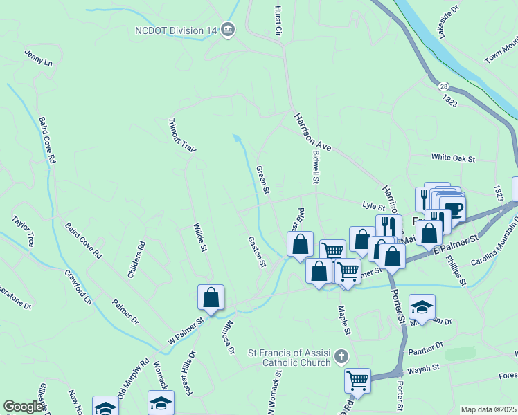 map of restaurants, bars, coffee shops, grocery stores, and more near 484 Lyle Street in Franklin