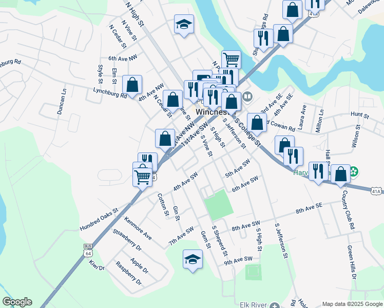 map of restaurants, bars, coffee shops, grocery stores, and more near 207 South Cedar Street in Winchester