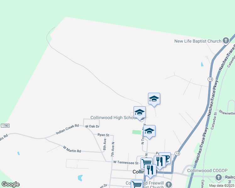 map of restaurants, bars, coffee shops, grocery stores, and more near 450 North Trojan Boulevard in Collinwood