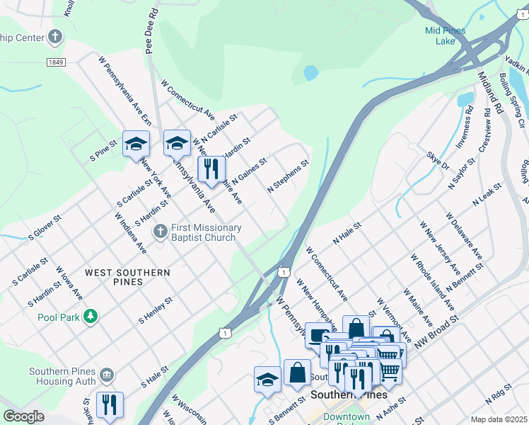 map of restaurants, bars, coffee shops, grocery stores, and more near 134 Henley Place in Southern Pines