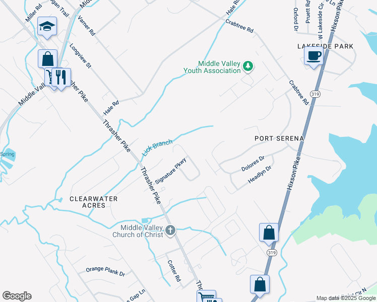 map of restaurants, bars, coffee shops, grocery stores, and more near 2107 Turnberry Circle in Middle Valley