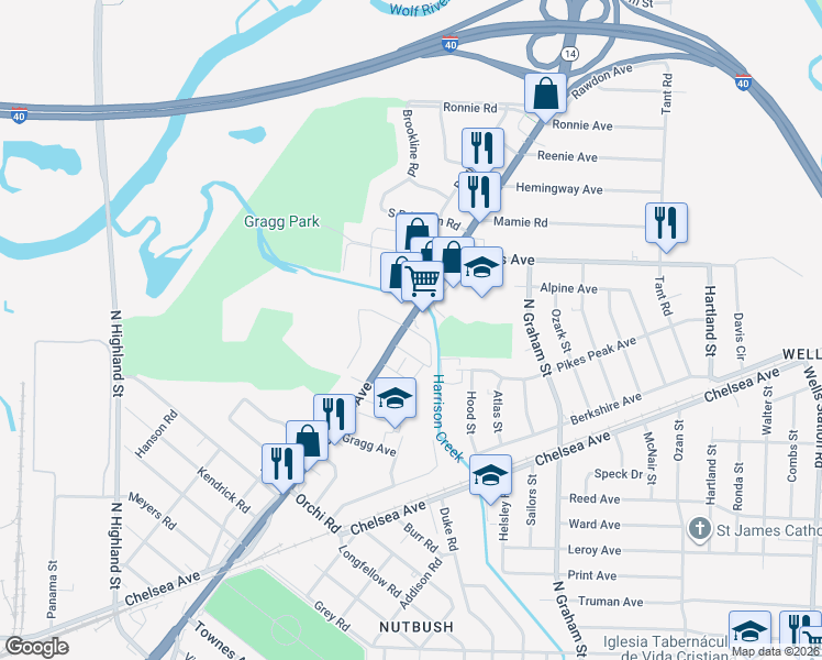 map of restaurants, bars, coffee shops, grocery stores, and more near 3923 Jackson Avenue in Memphis