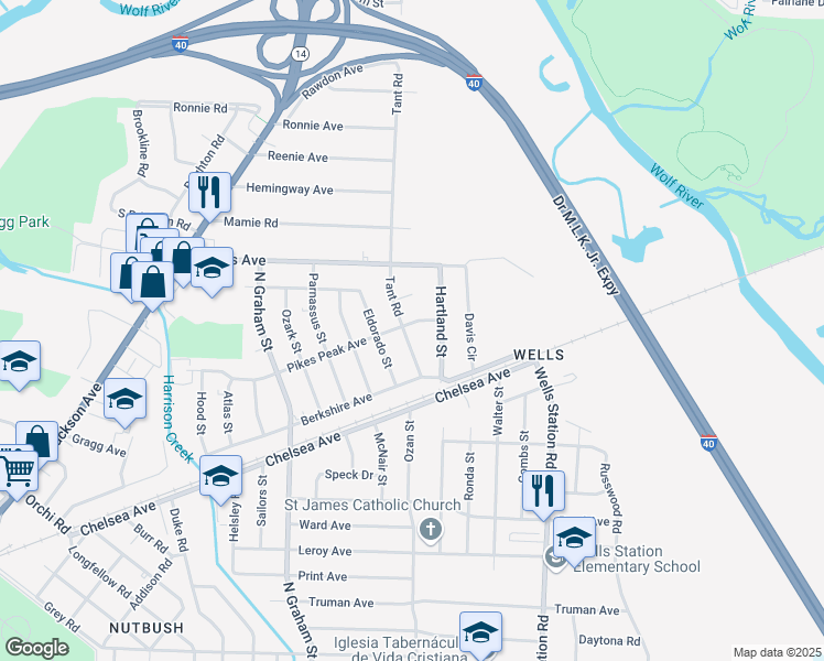 map of restaurants, bars, coffee shops, grocery stores, and more near 4159 Pikes Peak Avenue in Memphis