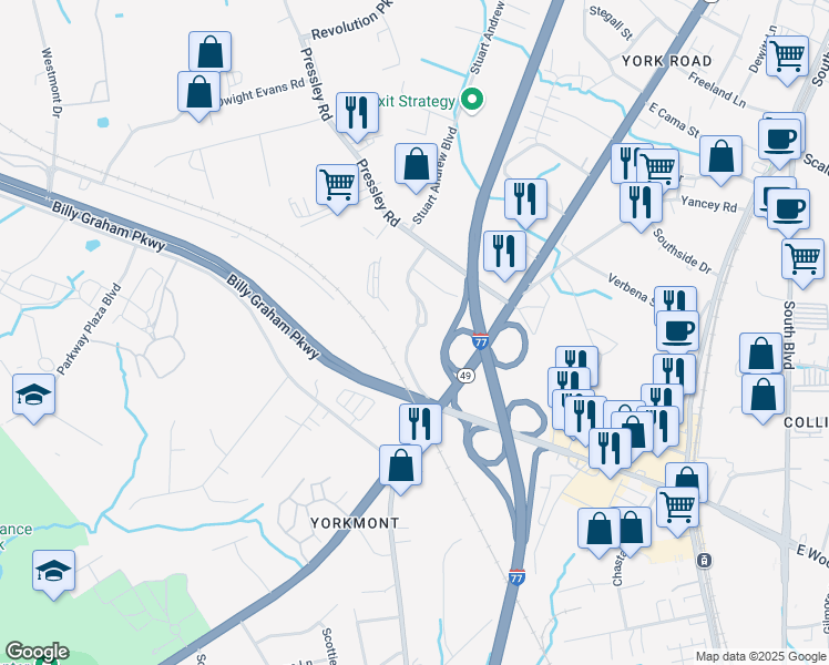 map of restaurants, bars, coffee shops, grocery stores, and more near 7844 Charlotte Park Drive in Charlotte