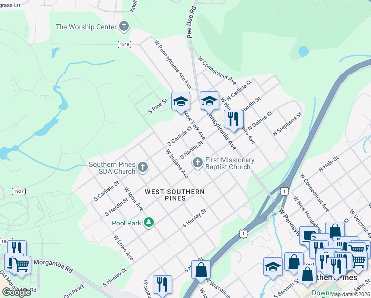 map of restaurants, bars, coffee shops, grocery stores, and more near 380 South Hardin Street in Southern Pines