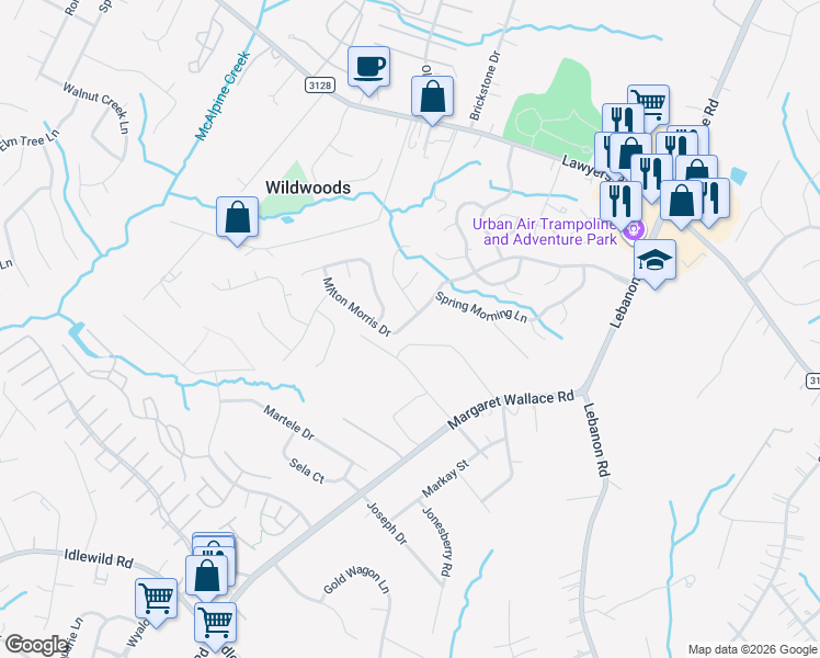 map of restaurants, bars, coffee shops, grocery stores, and more near 7130 Stillwell Road in Matthews
