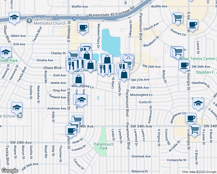 map of restaurants, bars, coffee shops, grocery stores, and more near 3502 Mockingbird Lane in Amarillo