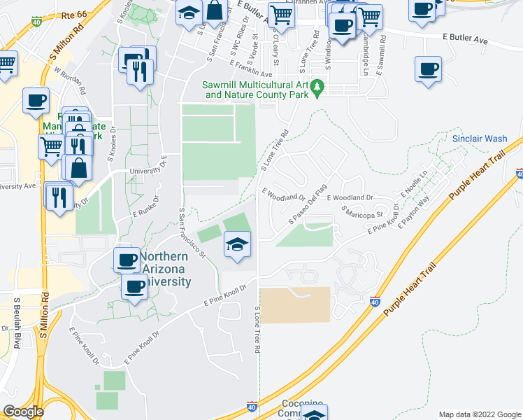 map of restaurants, bars, coffee shops, grocery stores, and more near 1320 South Lone Tree Road in Flagstaff