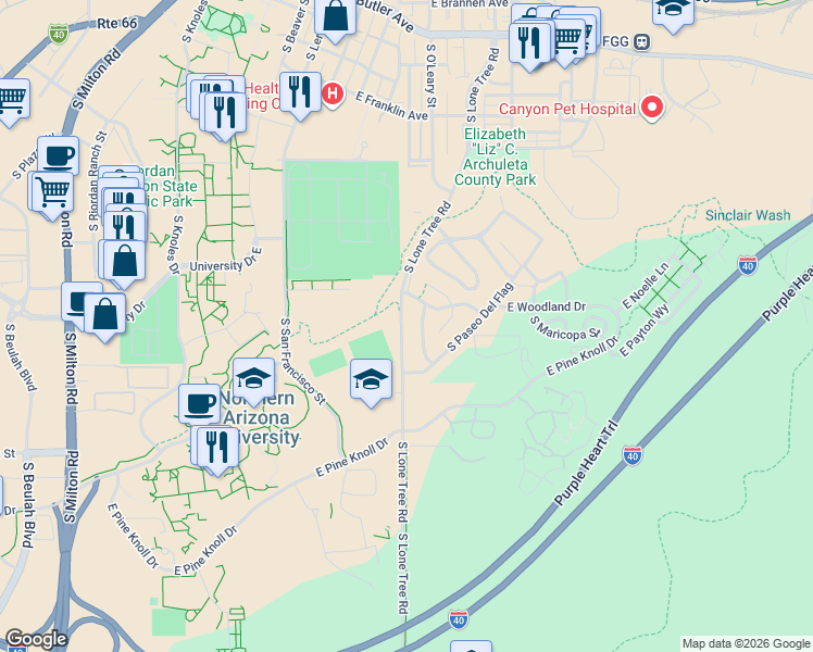 map of restaurants, bars, coffee shops, grocery stores, and more near 1320 South Lone Tree Road in Flagstaff