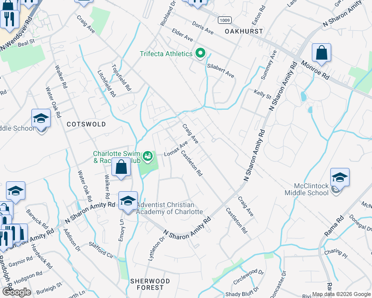 map of restaurants, bars, coffee shops, grocery stores, and more near in Charlotte