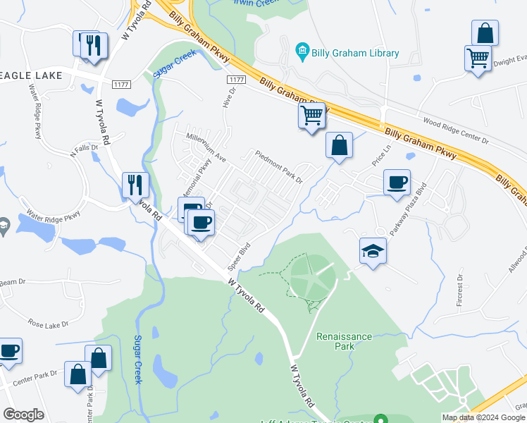 map of restaurants, bars, coffee shops, grocery stores, and more near 2112 Arbor Loop Drive in Charlotte