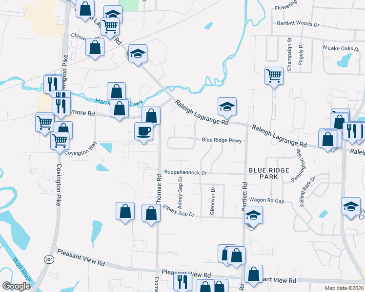 map of restaurants, bars, coffee shops, grocery stores, and more near 5322 Adney Gap Cove in Memphis