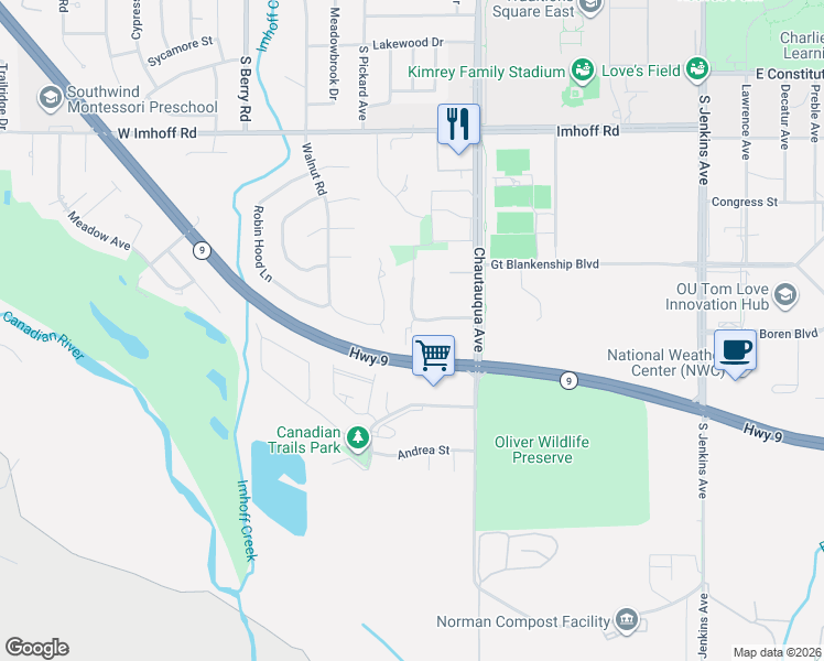map of restaurants, bars, coffee shops, grocery stores, and more near 863 Oklahoma 9 in Norman