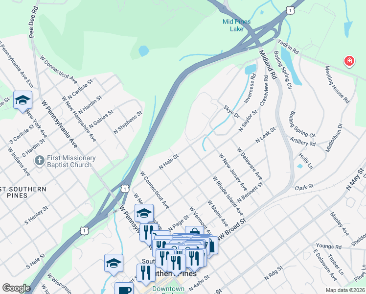 map of restaurants, bars, coffee shops, grocery stores, and more near 530 West Rhode Island Avenue in Southern Pines